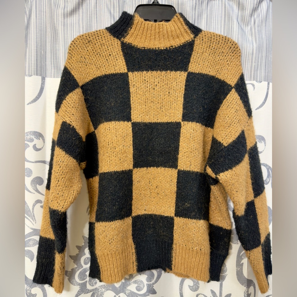 Industry Brand Plaid Black Tan Chunky Wool Blend Knitted Highland Sweater‎ Sz XS